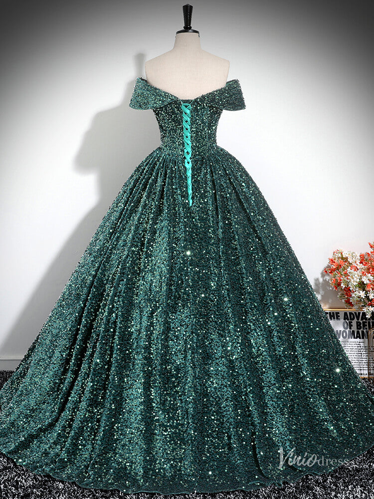 Prom Dress 2025 Sparkly Green Sequin Prom Ball Gown Off the Shoulder Quinceanera Dresses BG025-unique prom dresses-Green-Custom Size-Viniodress