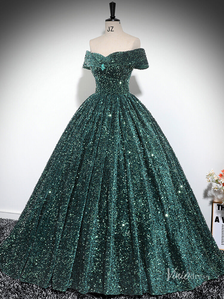 Prom Dress 2025 Sparkly Green Sequin Prom Ball Gown Off the Shoulder Quinceanera Dresses BG025-unique prom dresses-Green-Custom Size-Viniodress