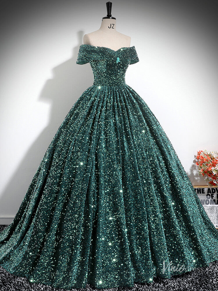 Prom Dress 2025 Sparkly Green Sequin Prom Ball Gown Off the Shoulder Quinceanera Dresses BG025-unique prom dresses-Green-Custom Size-Viniodress