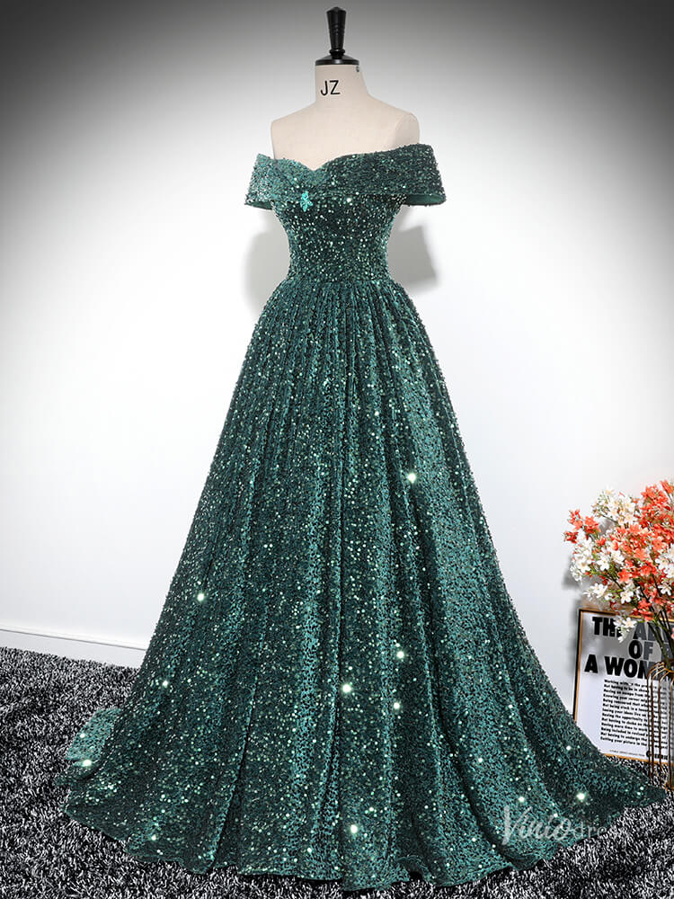 Prom Dress 2025 Sparkly Green Sequin Prom Ball Gown Off the Shoulder Quinceanera Dresses BG025-unique prom dresses-Green-Custom Size-Viniodress