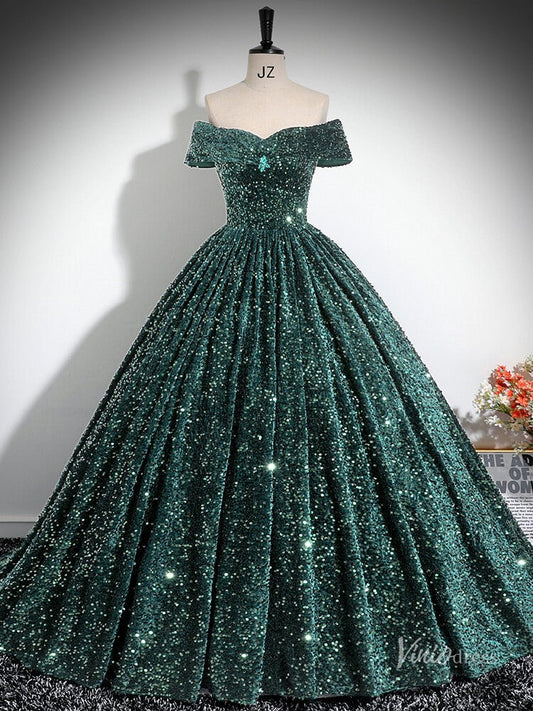 Sparkly Green Sequin Prom Ball Gown Off the Shoulder Quinceanera Dresses BG025 - Viniodressprom dressesGreenCustom Size - Formal Dresses - Ball Gowns