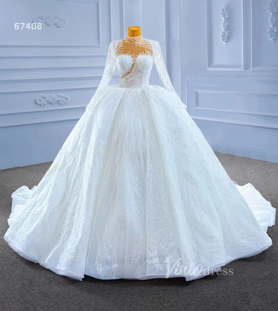 Sparkly High Neck Ball Gown Wedding Dress Long Sleeve 67408 Viniodress-wedding dresses 2025 -Viniodress-Ivory-Custom Size-