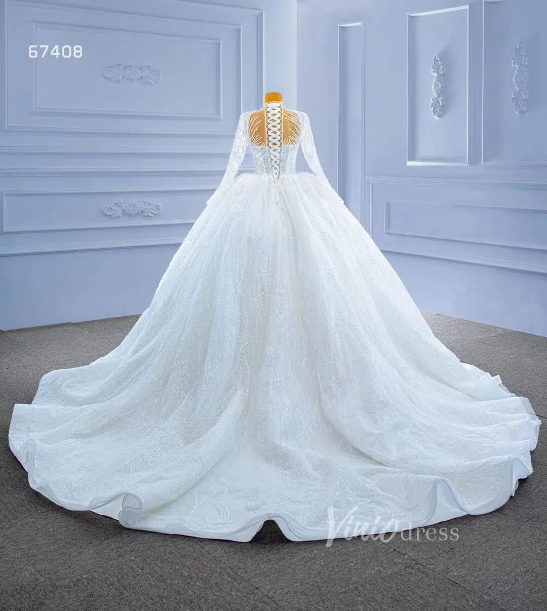 Sparkly High Neck Ball Gown Wedding Dress Long Sleeve 67408 Viniodress-wedding dresses 2025 -Viniodress-Ivory-Custom Size-