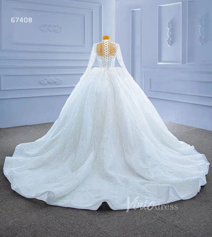Sparkly High Neck Ball Gown Wedding Dress Long Sleeve 67408 Viniodress-wedding dresses 2025 -Viniodress-Ivory-Custom Size-