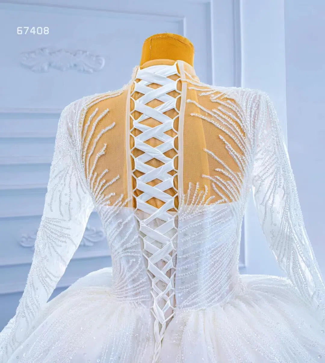 Sparkly High Neck Ball Gown Wedding Dress Long Sleeve 67408 Viniodress-wedding dresses 2025 -Viniodress-Ivory-Custom Size-