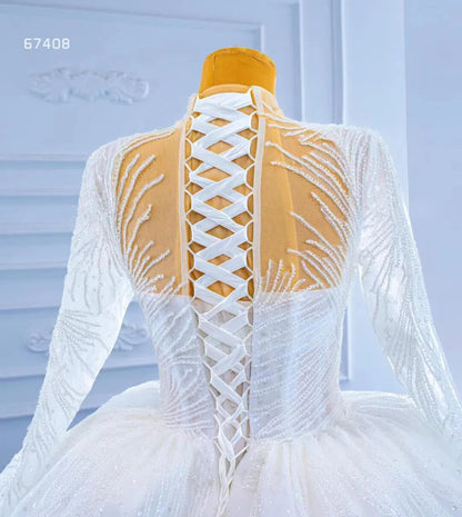 Sparkly High Neck Ball Gown Wedding Dress Long Sleeve 67408 Viniodress-wedding dresses 2025 -Viniodress-Ivory-Custom Size-