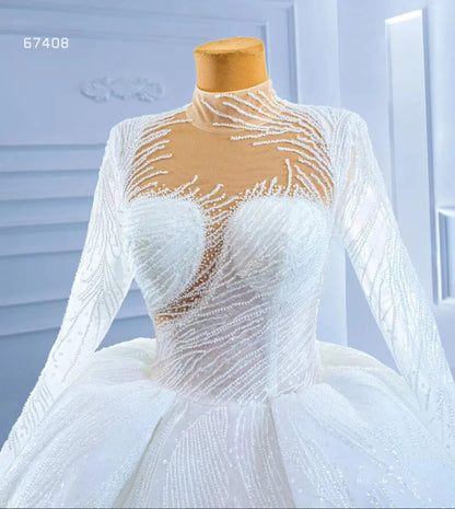 Sparkly High Neck Ball Gown Wedding Dress Long Sleeve 67408 Viniodress-wedding dresses 2025 -Viniodress-Ivory-Custom Size-