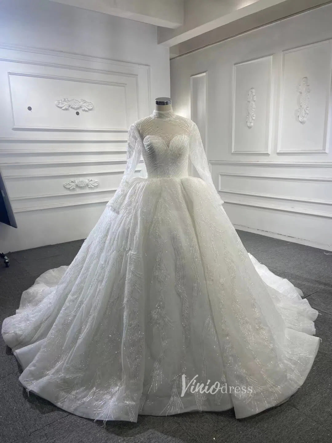 Sparkly High Neck Ball Gown Wedding Dress Long Sleeve 67408 Viniodress-wedding dresses 2025 -Viniodress-Ivory-Custom Size-