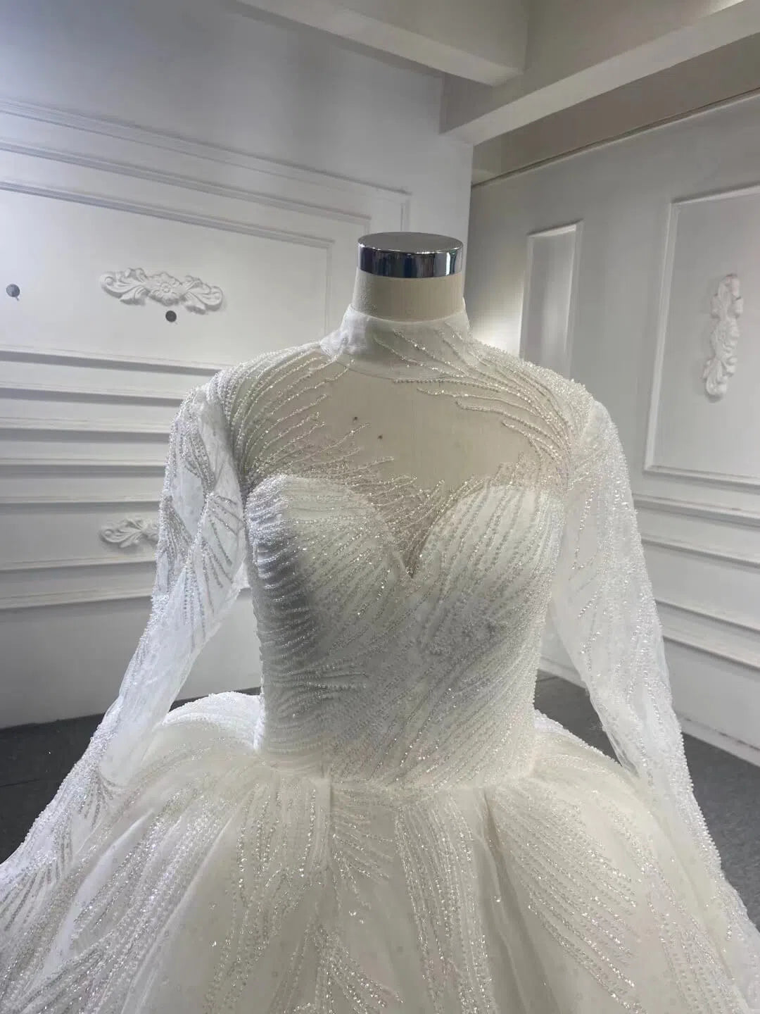 Sparkly High Neck Ball Gown Wedding Dress Long Sleeve 67408 Viniodress-wedding dresses 2025 -Viniodress-Ivory-Custom Size-