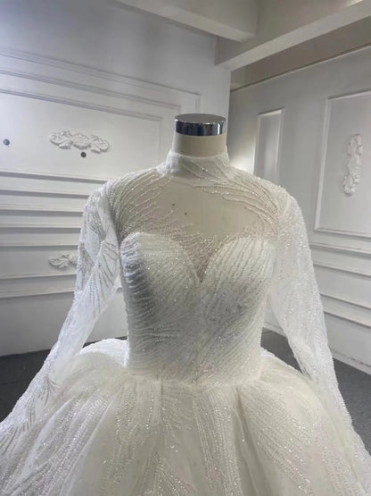 Sparkly High Neck Ball Gown Wedding Dress Long Sleeve 67408 Viniodress-wedding dresses 2025 -Viniodress-Ivory-Custom Size-