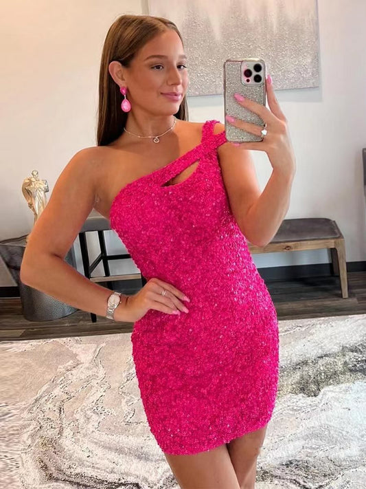 Sparkly Hot Pink Bodycon Sequin Homecoming Dress Mini Cocktail Dresses SD1457-Homecoming Dresses 2025 -Viniodress-Hot Pink-Custom Size-