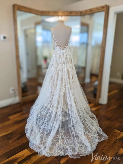 Sparkly Lace A-Line Wedding Dress with Deep V Back and Sheer Tulle Train – VW2557-wedding dresses 2025 -Viniodress-Ivory-Custom Size-