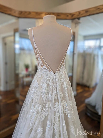 Sparkly Lace A-Line Wedding Dress with Deep V Back and Sheer Tulle Train – VW2557-wedding dresses 2025 -Viniodress-Ivory-Custom Size-