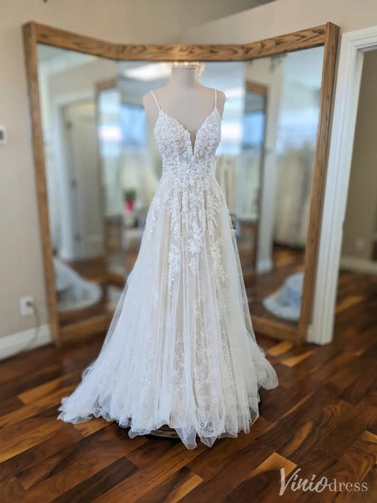 Sparkly Lace A-Line Wedding Dress with Deep V Back and Sheer Tulle Train – VW2557-wedding dresses 2025 -Viniodress-Ivory-Custom Size-