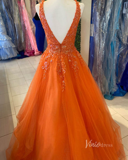 Sparkly Lace Applique Tulle Prom Dresses V-Neck Backless Gowns FD4085-prom dresses 2025 -Viniodress-Orange-Custom Size-