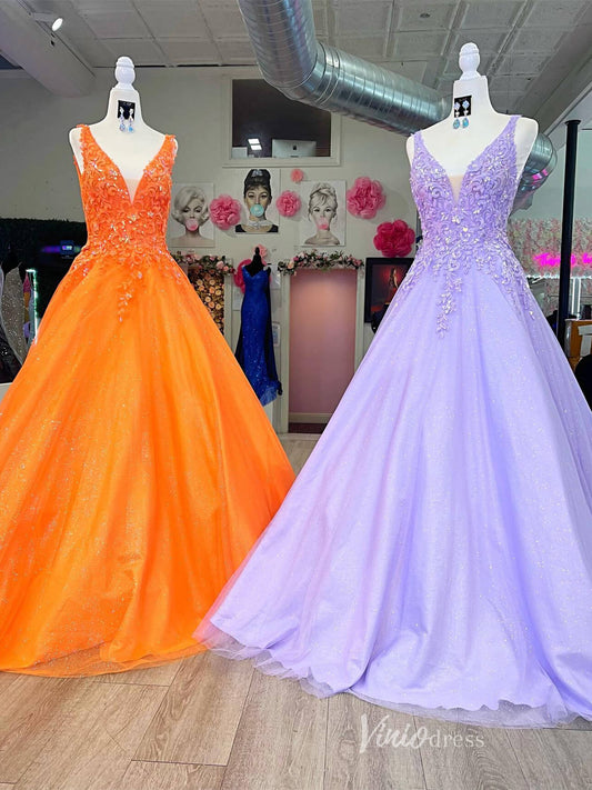Sparkly Lace Applique Tulle Prom Dresses V-Neck Backless Gowns FD4085-prom dresses 2025 -Viniodress-Orange-Custom Size-