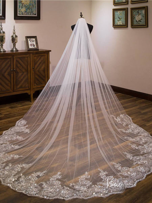 Sparkly Lace Appliqued 1 Tier Tulle Cathedral Veil Viniodress-Bridal Veil 2025 -Viniodress-Ivory-