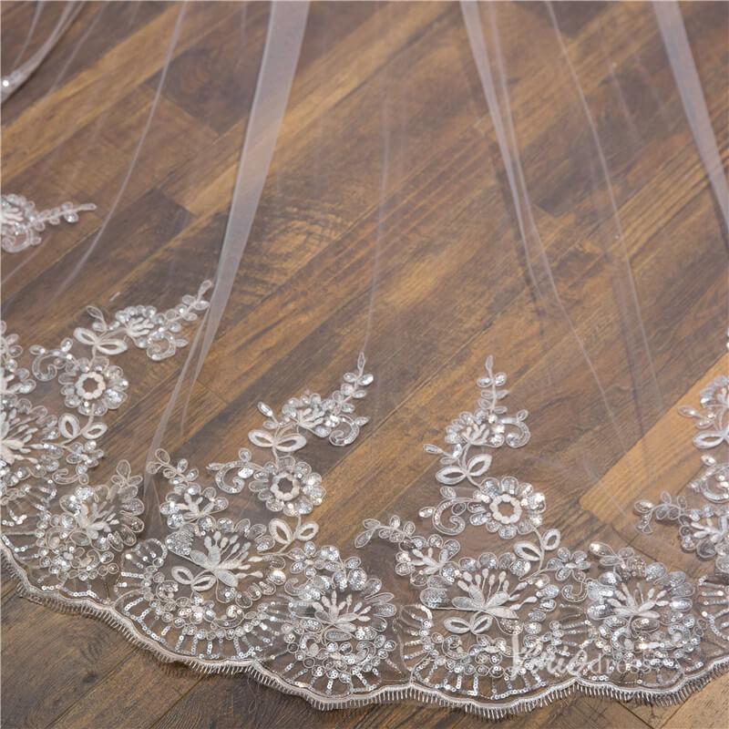 Sparkly Lace Appliqued 1 Tier Tulle Cathedral Veil Viniodress-Bridal Veil 2025 -Viniodress-Ivory-