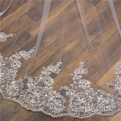Sparkly Lace Appliqued 1 Tier Tulle Cathedral Veil Viniodress-Bridal Veil 2025 -Viniodress-Ivory-