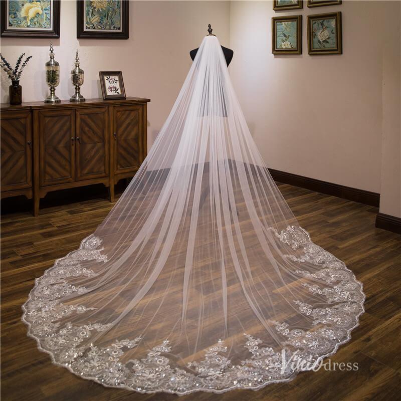 Sparkly Lace Appliqued 1 Tier Tulle Cathedral Veil Viniodress-Bridal Veil 2025 -Viniodress-Ivory-