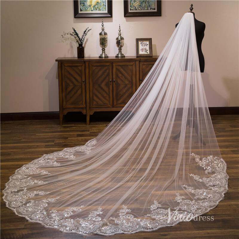 Sparkly Lace Appliqued 1 Tier Tulle Cathedral Veil Viniodress-Bridal Veil 2025 -Viniodress-Ivory-