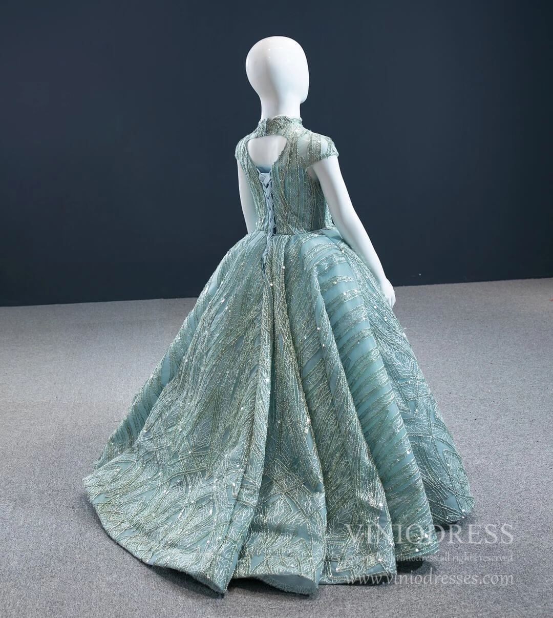 Sparkly Lace Girl's Ball Gown High Neck Blue Kids Pageant Dress 66981C-Pageant Dresses for Kids 2025 -Viniodress-As Picture-CHILD 2-