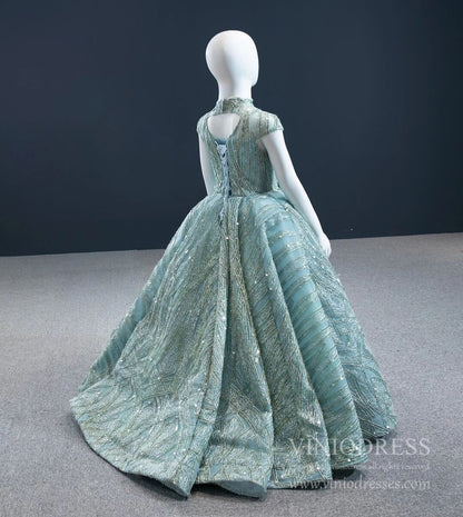 Sparkly Lace Girl's Ball Gown High Neck Blue Kids Pageant Dress 66981C-Pageant Dresses for Kids 2025 -Viniodress-As Picture-CHILD 2-
