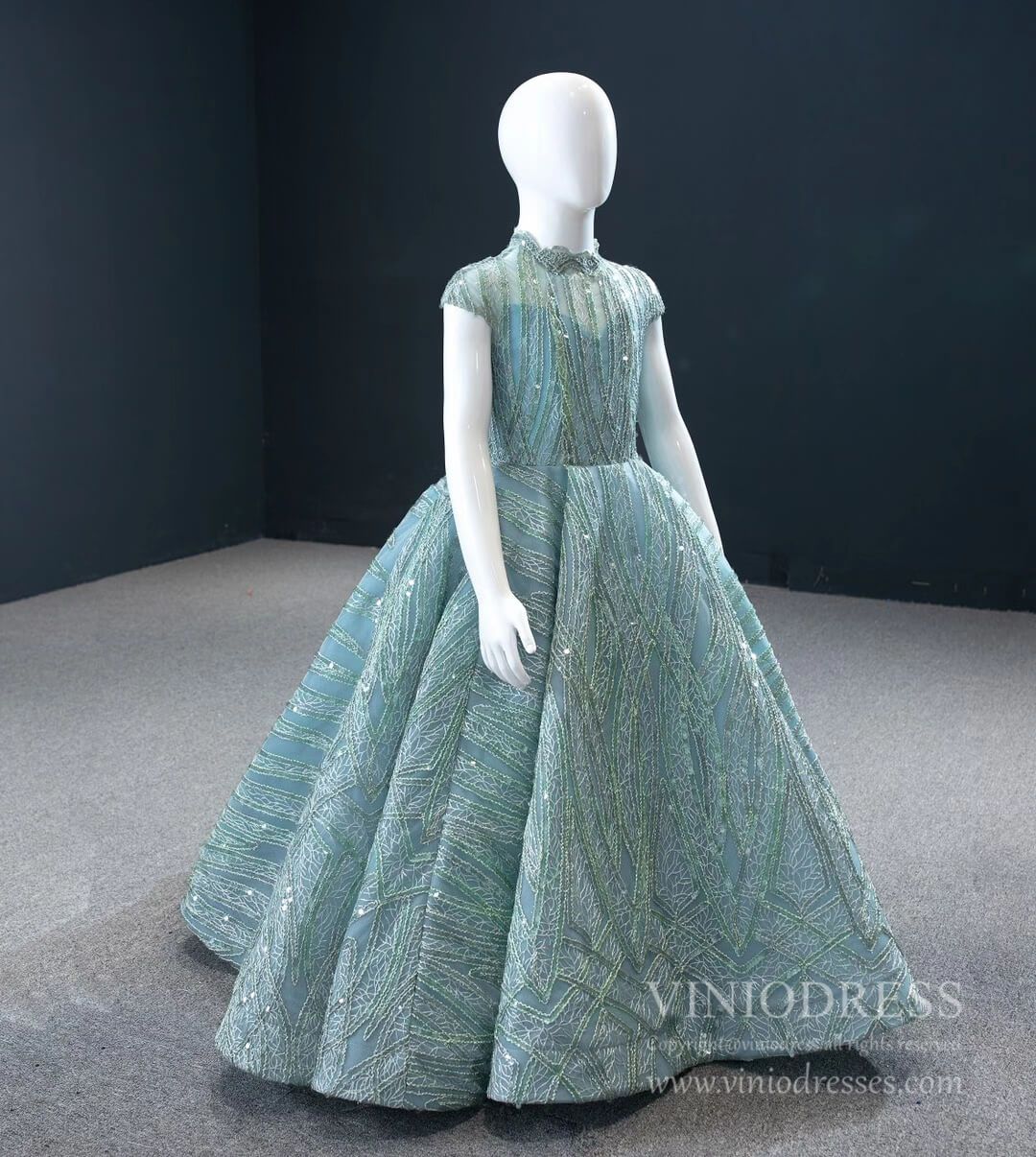 Sparkly Lace Girl's Ball Gown High Neck Blue Kids Pageant Dress 66981C-Pageant Dresses for Kids 2025 -Viniodress-As Picture-CHILD 2-
