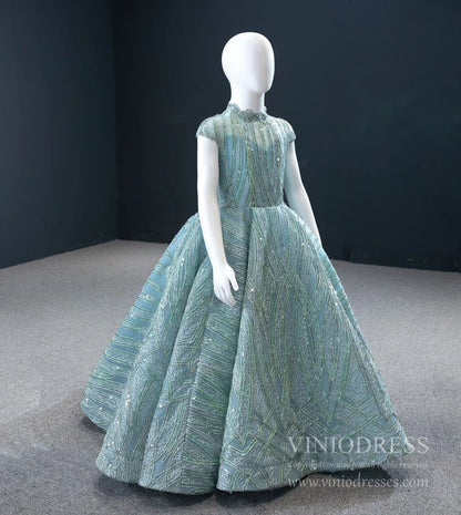 Sparkly Lace Girl's Ball Gown High Neck Blue Kids Pageant Dress 66981C-Pageant Dresses for Kids 2025 -Viniodress-As Picture-CHILD 2-
