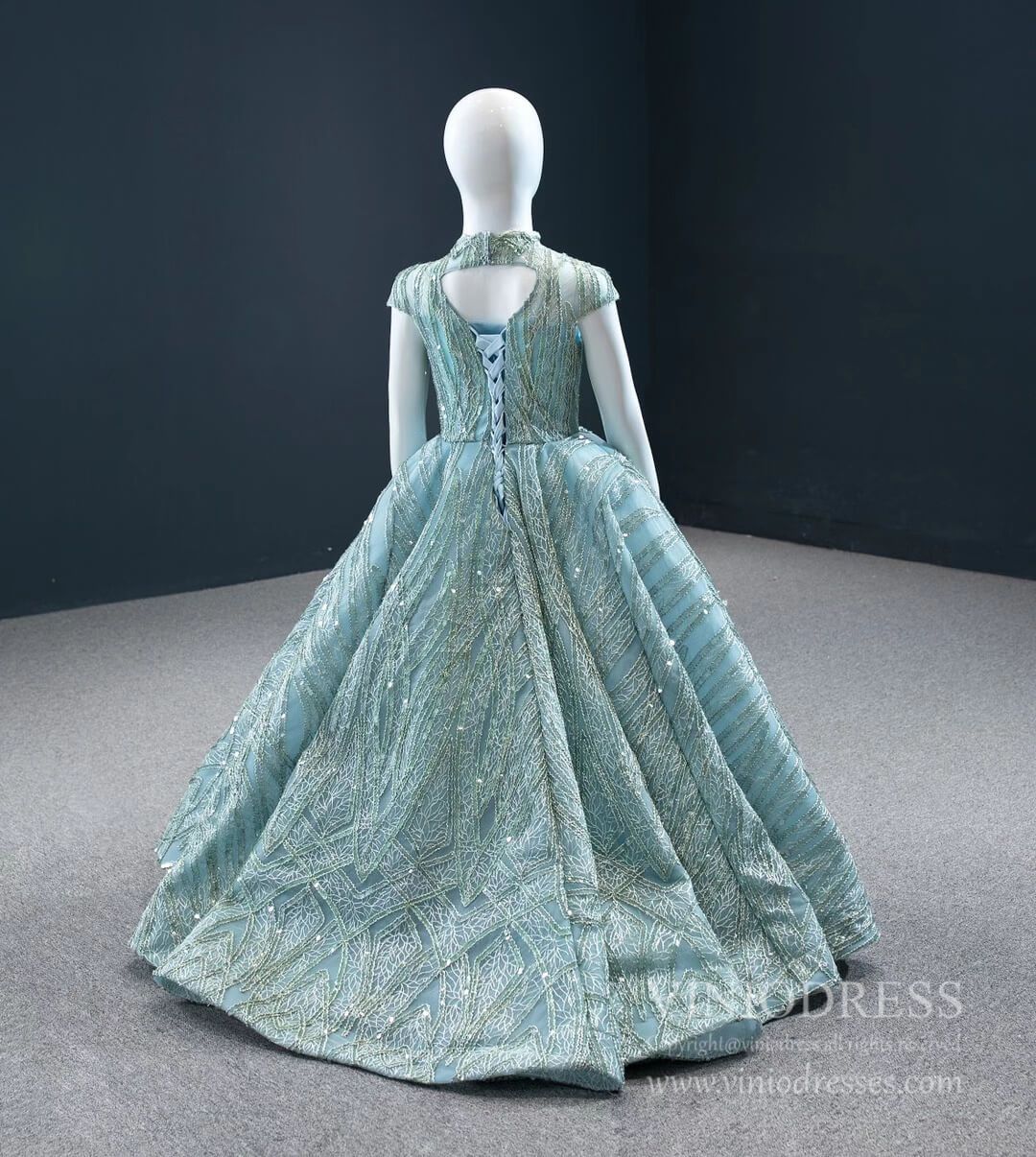 Sparkly Lace Girl's Ball Gown High Neck Blue Kids Pageant Dress 66981C-Pageant Dresses for Kids 2025 -Viniodress-As Picture-CHILD 2-