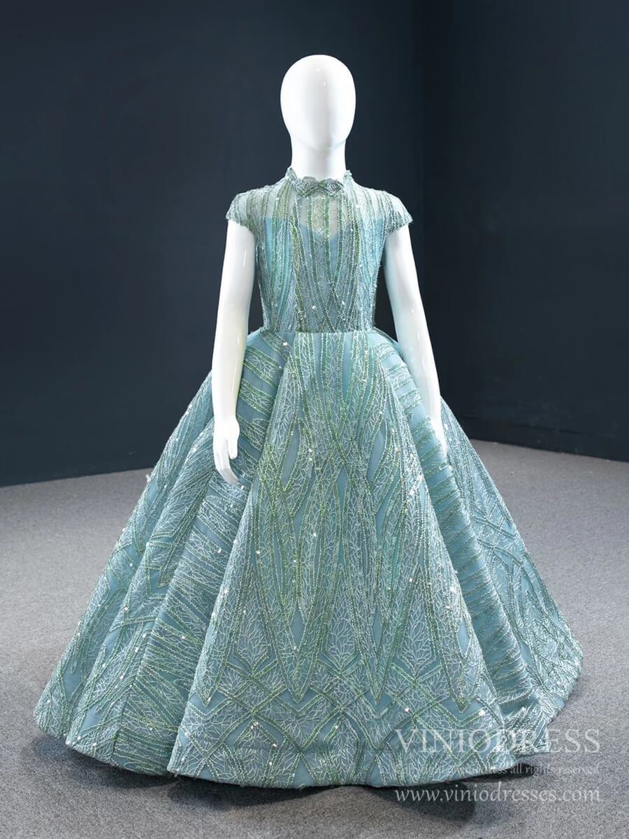 Sparkly Lace Girl's Ball Gown High Neck Blue Kids Pageant Dress 66981C-Pageant Dresses for Kids 2025 -Viniodress-As Picture-CHILD 2-