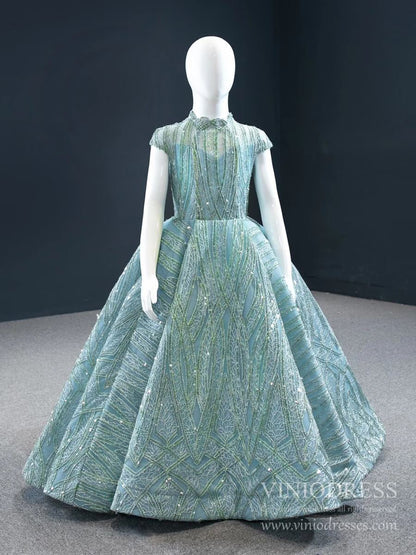 Sparkly Lace Girl's Ball Gown High Neck Blue Kids Pageant Dress 66981C-Pageant Dresses for Kids 2025 -Viniodress-As Picture-CHILD 2-
