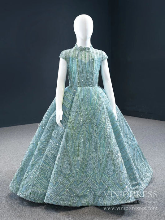 Sparkly Lace Girl's Ball Gown High Neck Blue Kids Pageant Dress 66981C-Pageant Dresses for Kids 2025 -Viniodress-As Picture-CHILD 2-