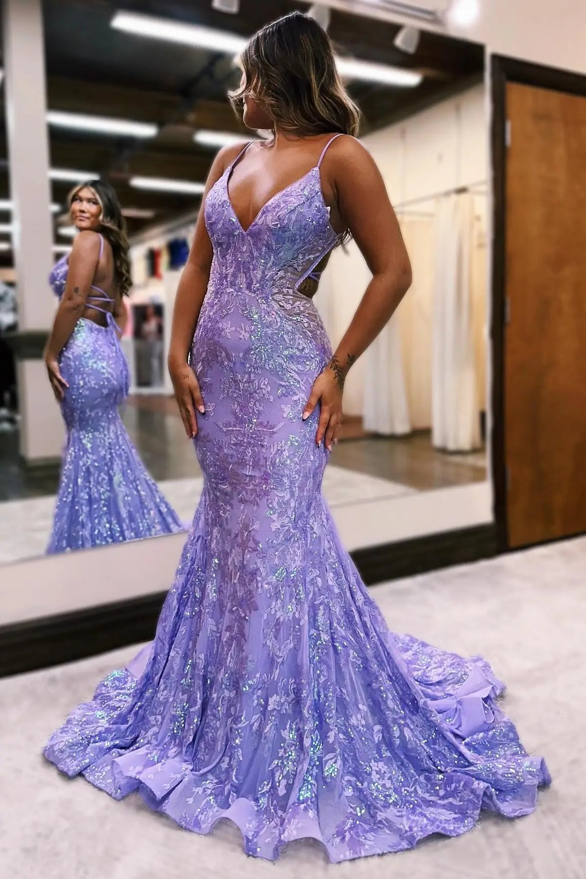 Sparkly Lace Mermaid Prom Dress with Strappy Open Back SQ039 Viniodress Sparkly Lace Mermaid Prom Dress with Strappy Open Back SQ039 Viniodress