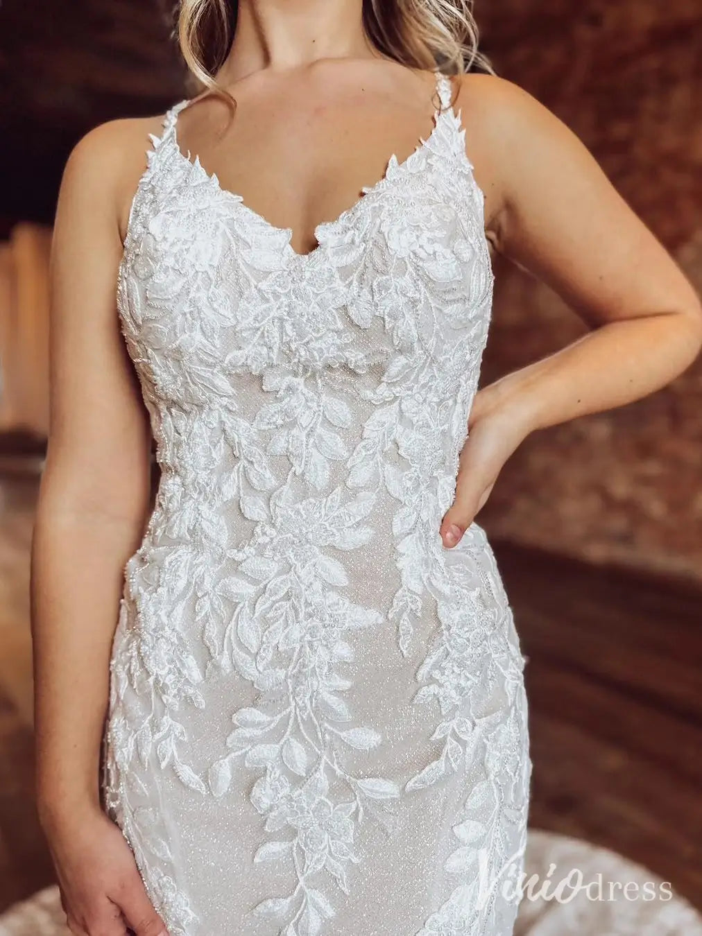 Sparkly Lace Mermaid Wedding Dress with Spaghetti Straps and Chapel Train – ML140-wedding dresses 2025 -Viniodress-Ivory-Custom Size-