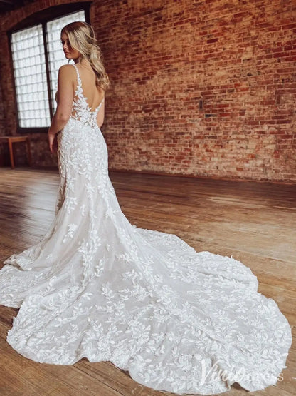 Sparkly Lace Mermaid Wedding Dress with Spaghetti Straps and Chapel Train – ML140-wedding dresses 2025 -Viniodress-Ivory-Custom Size-