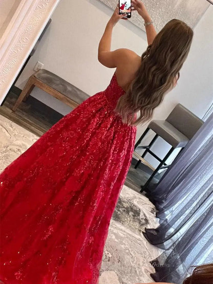Sparkly Lace Prom Dresses 2025 Strapless Formal Gown with Pockets - FD5138-prom dresses 2025 -Viniodress-Red-Custom Size-