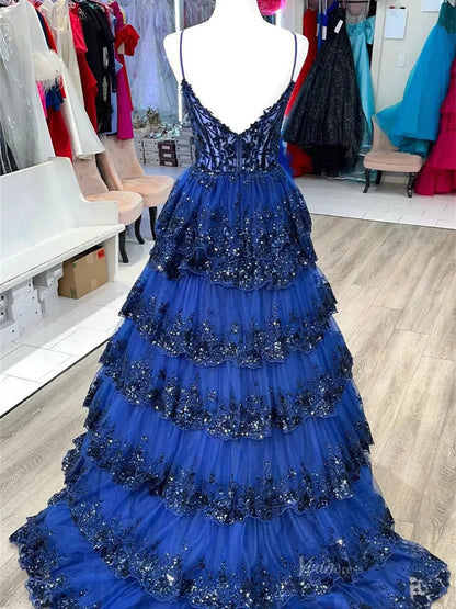 Sparkly Lace Tiered Prom Dresses Spaghetti Strap V-Neck Formal Dresses - FD3636e-prom dresses 2025 -Viniodress-Blue-Custom Size-