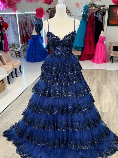 Sparkly Lace Tiered Prom Dresses Spaghetti Strap V-Neck Formal Dresses - FD3636e-prom dresses 2025 -Viniodress-Blue-Custom Size-