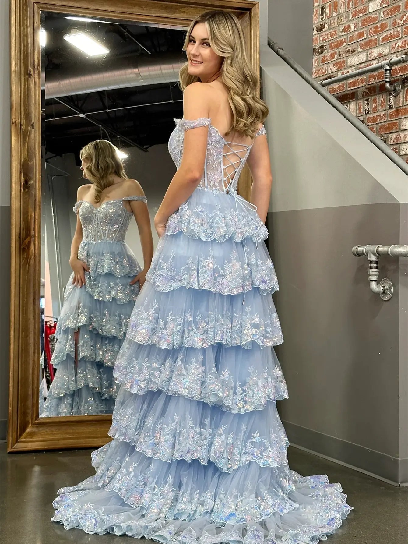 prom dresses 2025 Sparkly Lace Tiered Prom Dresses with Slit Off the Shoulder Formal Dresses - FD3636D-plus size wedding dresses Viniodress-Custom Colors-Custom Size-