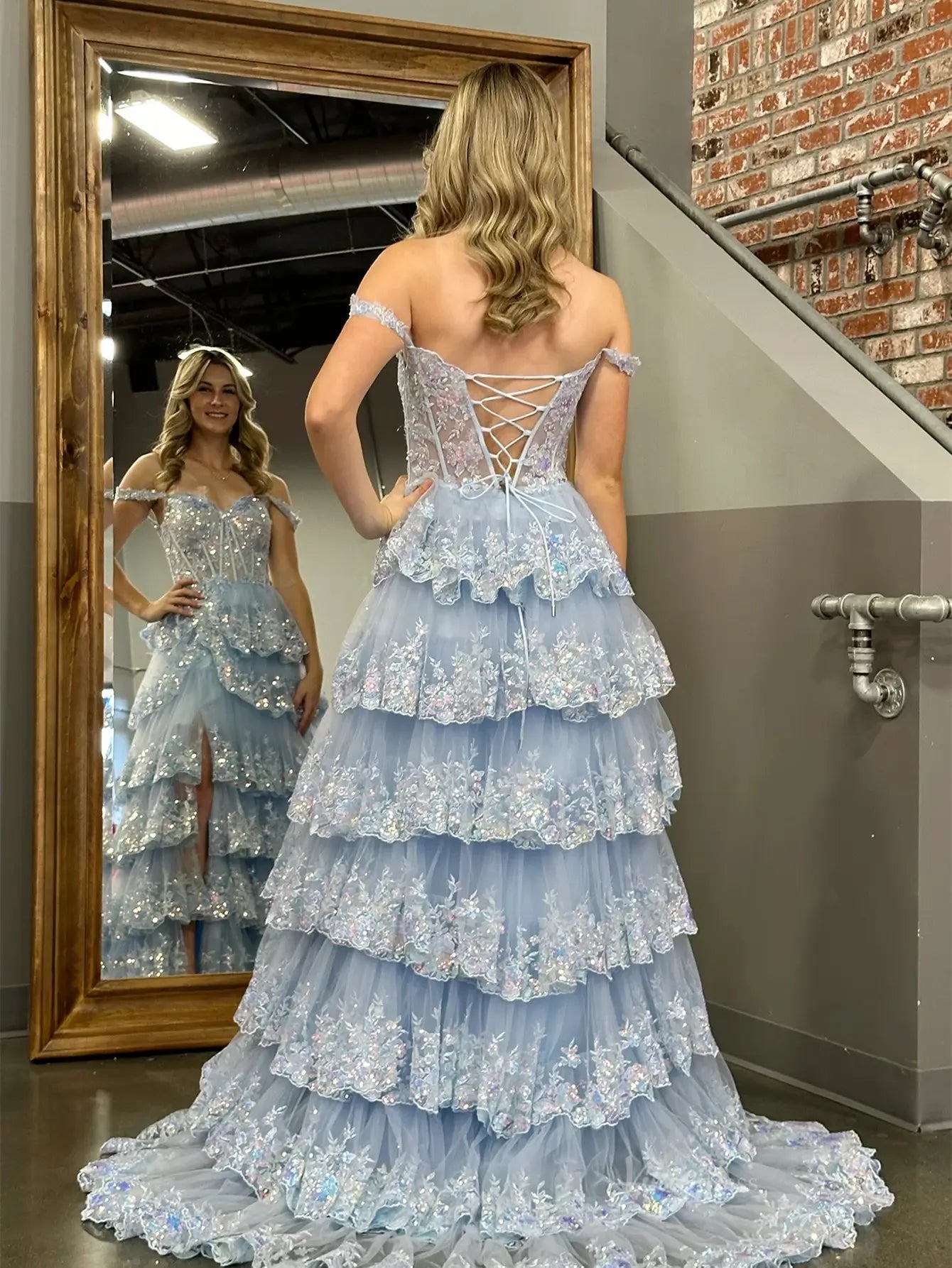 prom dresses 2025 Sparkly Lace Tiered Prom Dresses with Slit Off the Shoulder Formal Dresses - FD3636D-plus size wedding dresses Viniodress-Custom Colors-Custom Size-