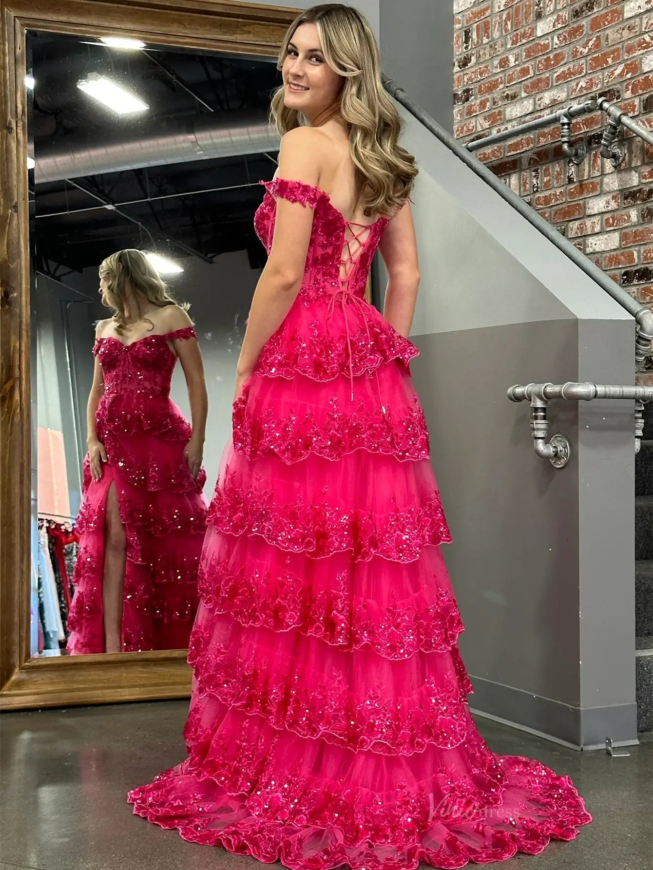 prom dresses 2025 Sparkly Lace Tiered Prom Dresses with Slit Off the Shoulder Formal Dresses - FD3636D-plus size wedding dresses Viniodress-Custom Colors-Custom Size-