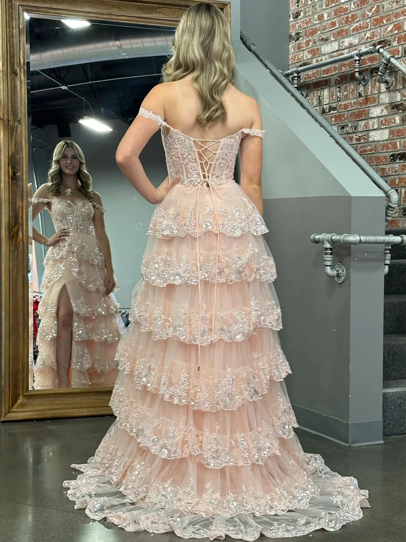 prom dresses 2025 Sparkly Lace Tiered Prom Dresses with Slit Off the Shoulder Formal Dresses - FD3636D-plus size wedding dresses Viniodress-Custom Colors-Custom Size-