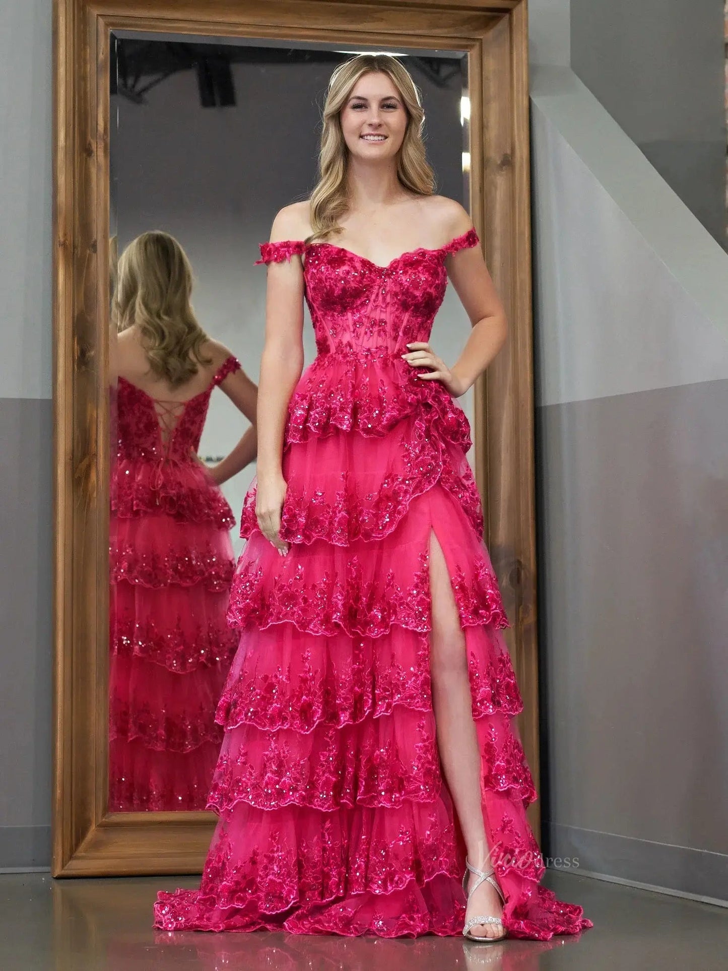 prom dresses 2025 Sparkly Lace Tiered Prom Dresses with Slit Off the Shoulder Formal Dresses - FD3636D-plus size wedding dresses Viniodress-Fuchsia-Custom Size-