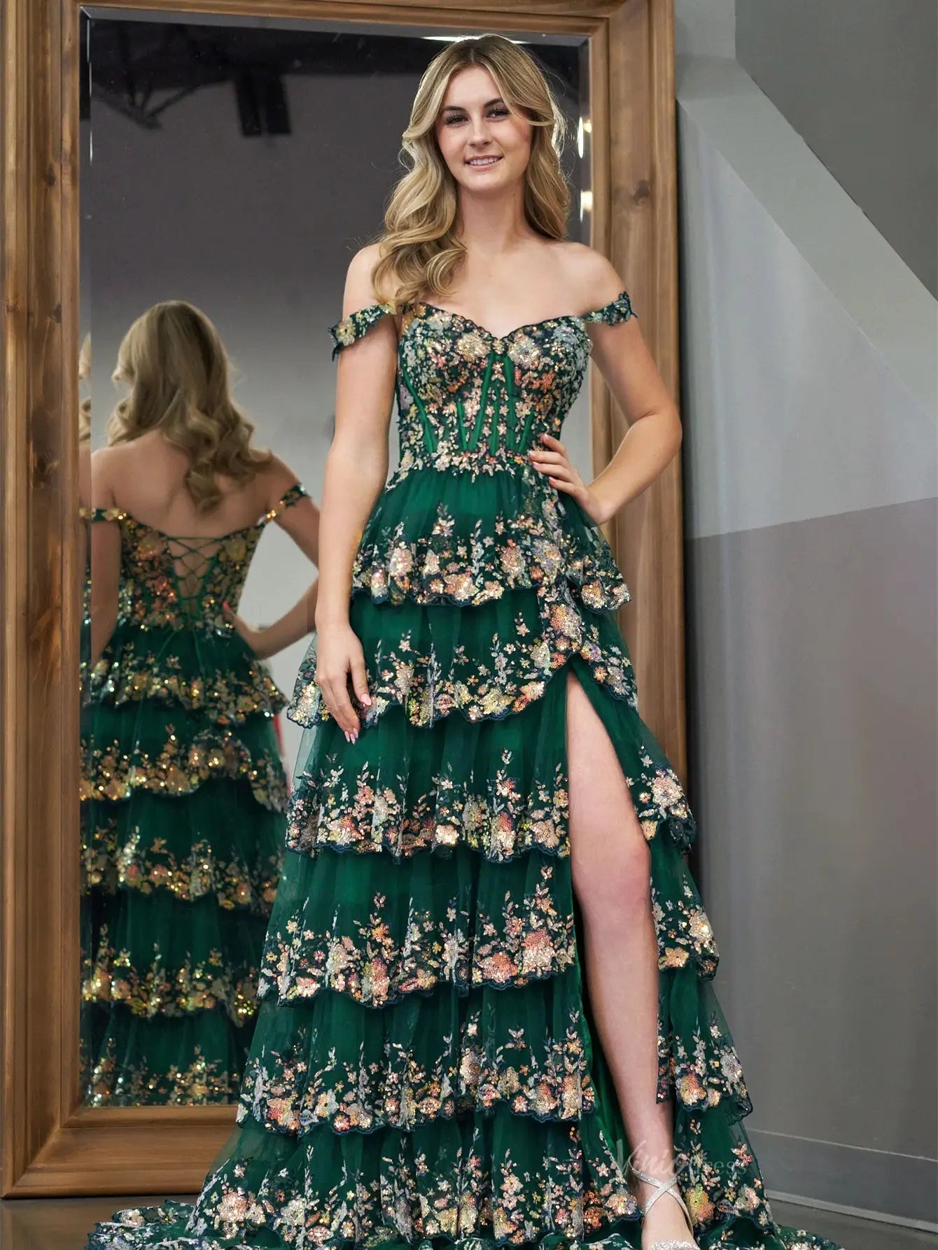 prom dresses 2025 Sparkly Lace Tiered Prom Dresses with Slit Off the Shoulder Formal Dresses - FD3636D-plus size wedding dresses Viniodress-Green-Custom Size-