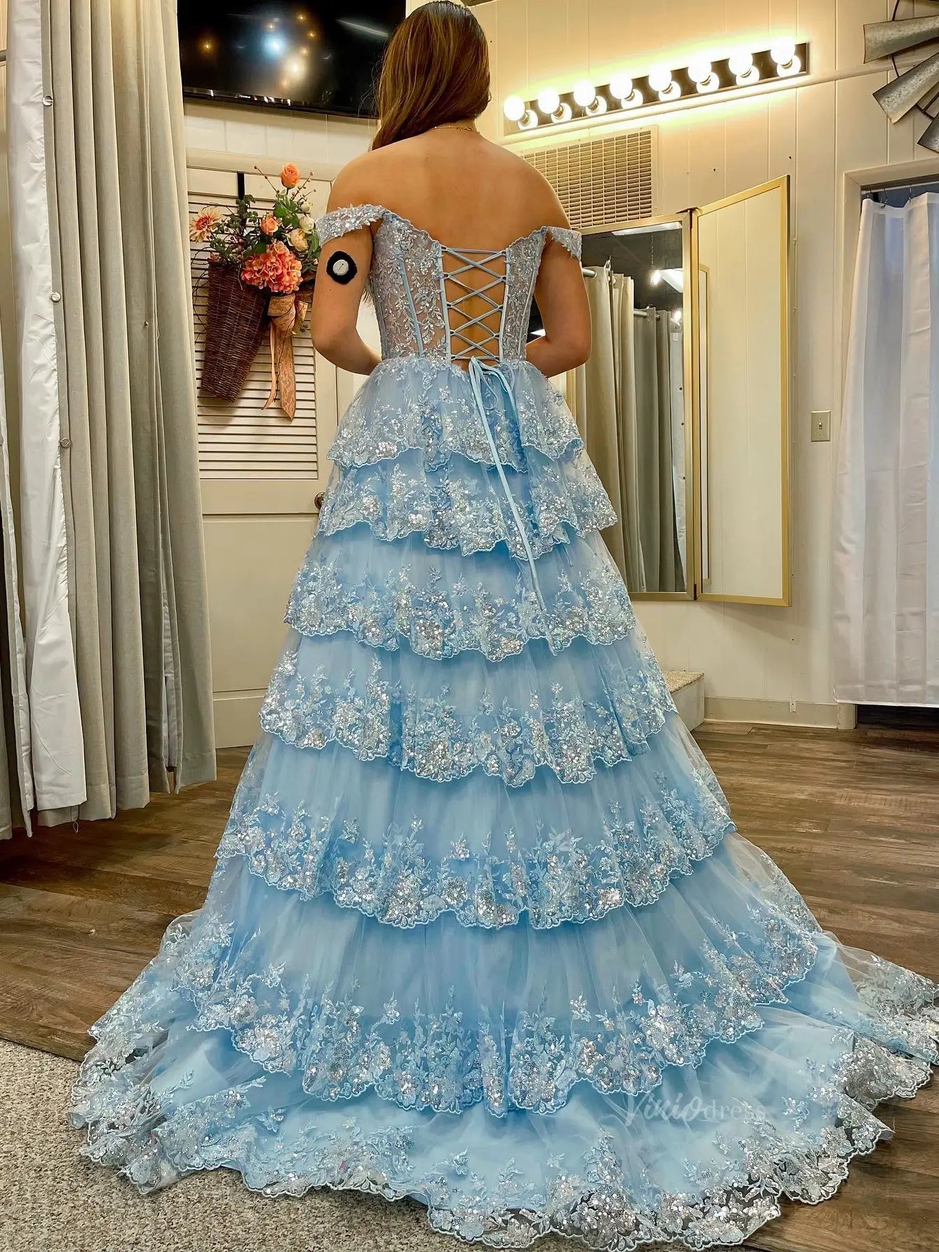 Sparkly Lace Tiered Prom Dresses with Slit Off the Shoulder Formal Dresses - FD3636g-prom dresses 2025 -Viniodress-Light Blue-Custom Size-