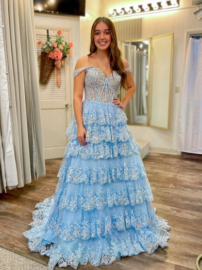 Sparkly Lace Tiered Prom Dresses with Slit Off the Shoulder Formal Dresses - FD3636g-prom dresses 2025 -Viniodress-Light Blue-Custom Size-