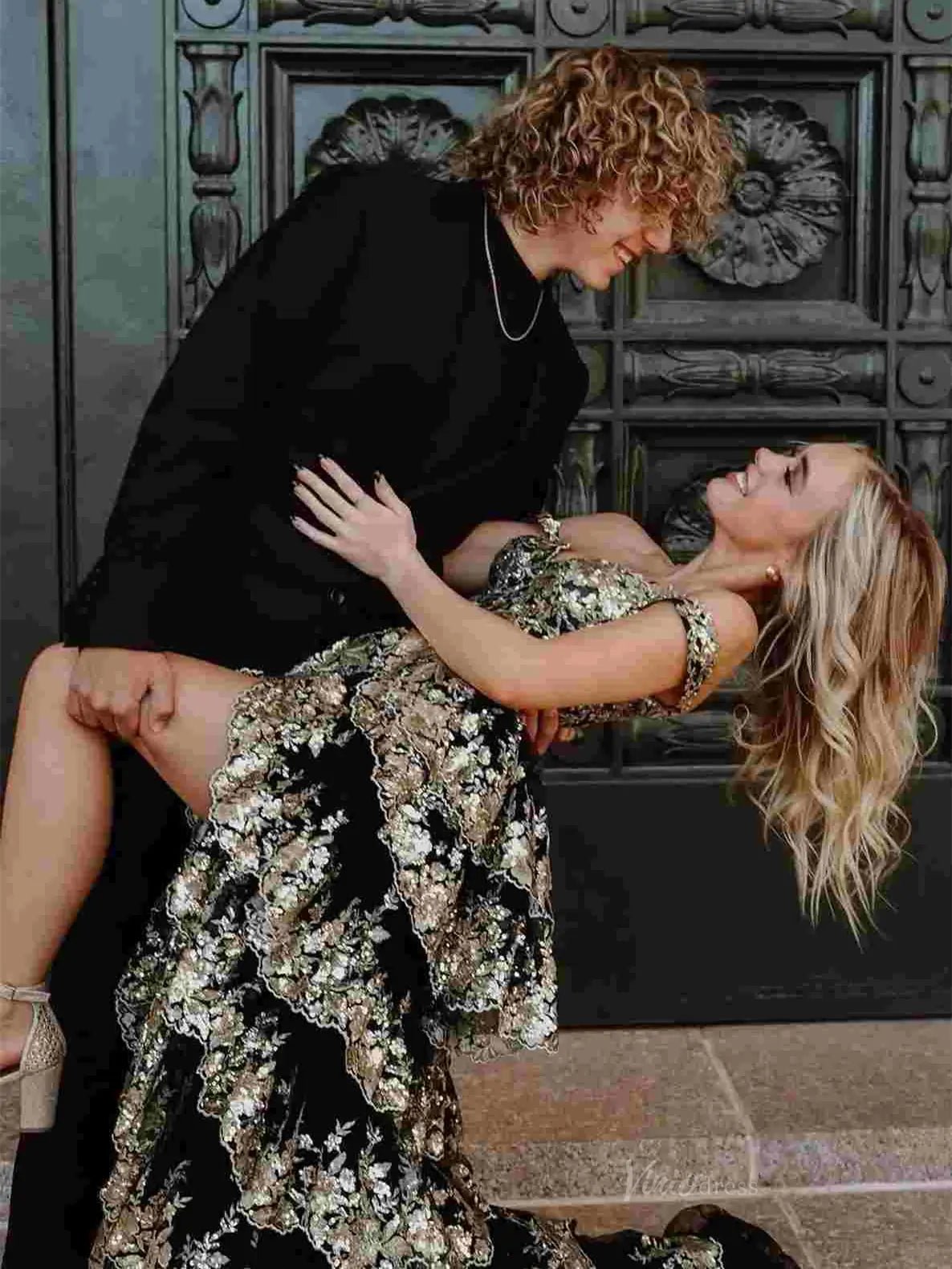 Sparkly Lace Tiered Prom Dresses with Slit Off the Shoulder Formal Dresses - FD3636g-prom dresses 2025 -Viniodress-Light Blue-Custom Size-