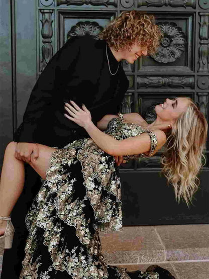 Sparkly Lace Tiered Prom Dresses with Slit Off the Shoulder Formal Dresses - FD3636g-prom dresses 2025 -Viniodress-Light Blue-Custom Size-