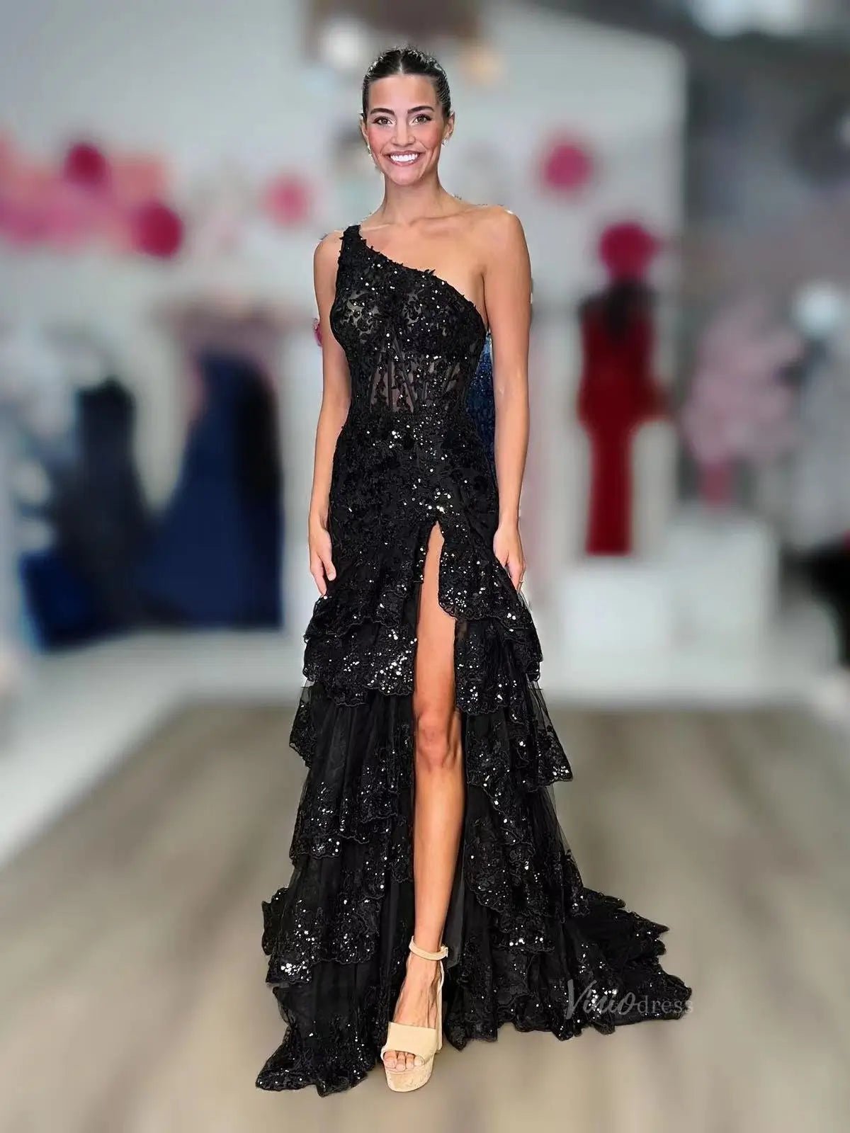 Sparkly Lavender Lace Ruffle Prom Dresses with Slit,One Shoulder Ball Gown FD3637-prom dresses 2025 -Viniodress-Lavender-Custom Size-